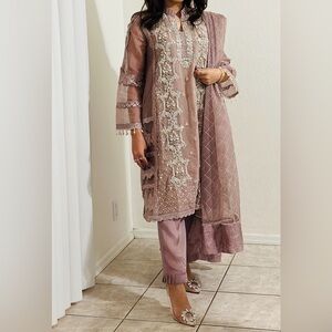 Embroidered Mauve Midi Dress with Matching Scarf